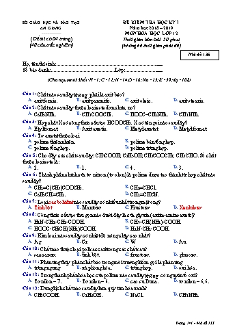 Đề kiểm tra học kỳ I môn Hóa học Lớp 12 - Mã đề 135 - Năm học 2018-2019 - Sở GD&ĐT An Giang