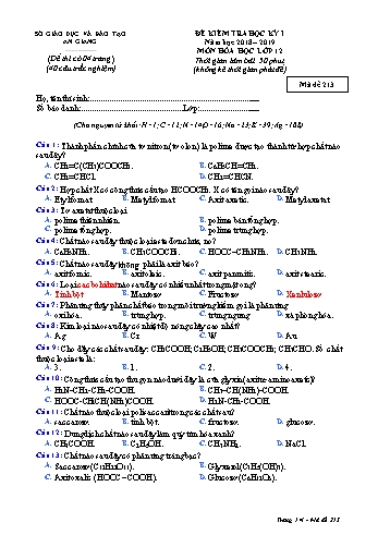 Đề kiểm tra học kỳ I môn Hóa học Lớp 12 - Mã đề 213 - Năm học 2018-2019 - Sở GD&ĐT An Giang