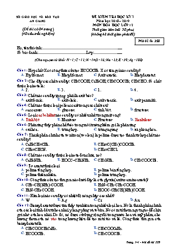 Đề kiểm tra học kỳ I môn Hóa học Lớp 12 - Mã đề 358 - Năm học 2018-2019 - Sở GD&ĐT An Giang