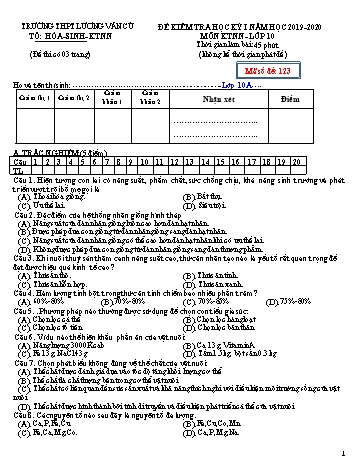 Đề kiểm tra học kỳ I môn Kĩ thuật nông nghiệp Lớp 10 - Mã đề 123 - Năm học 2019-2020 - Trường THPT Lương Văn Cù