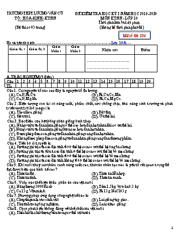 Đề kiểm tra học kỳ I môn Kĩ thuật nông nghiệp Lớp 10 - Mã đề 234 - Năm học 2019-2020 - Trường THPT Lương Văn Cù