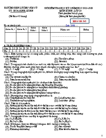 Đề kiểm tra học kỳ I môn Kĩ thuật nông nghiệp Lớp 10 - Mã đề 345 - Năm học 2019-2020 - Trường THPT Lương Văn Cù