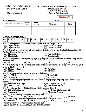 Đề kiểm tra học kỳ I môn Kĩ thuật nông nghiệp Lớp 10 - Mã đề 456 - Năm học 2019-2020 - Trường THPT Lương Văn Cù