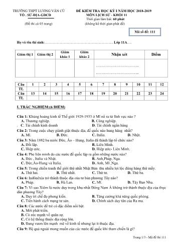Đề kiểm tra học kỳ I môn Lịch sử Lớp 11- Mã đề 111 - Năm học 2018-2019 - Trường THPT Lương Văn Cù