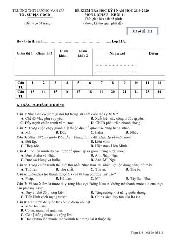 Đề kiểm tra học kỳ I môn Lịch sử Lớp 11 - Mã đề 111 - Năm học 2019-2020 - Trường THPT Lương Văn Cù (Có đáp án)