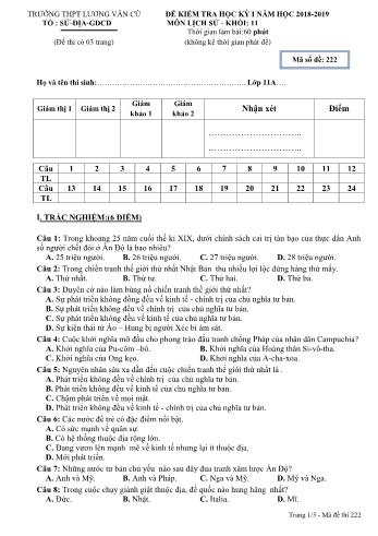 Đề kiểm tra học kỳ I môn Lịch sử Lớp 11- Mã đề 222 - Năm học 2018-2019 - Trường THPT Lương Văn Cù