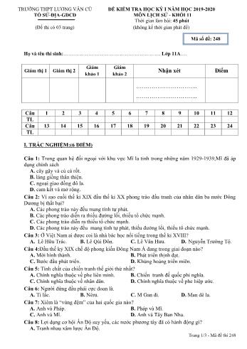 Đề kiểm tra học kỳ I môn Lịch sử Lớp 11 - Mã đề 248 - Năm học 2019-2020 - Trường THPT Lương Văn Cù