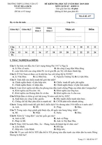 Đề kiểm tra học kỳ I môn Lịch sử Lớp 11 - Mã đề 437 - Năm học 2019-2020 - Trường THPT Lương Văn Cù