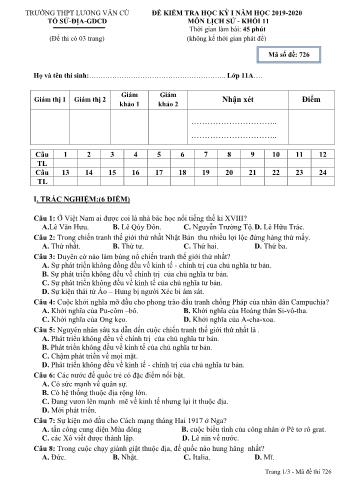 Đề kiểm tra học kỳ I môn Lịch sử Lớp 11 - Mã đề 726 - Năm học 2019-2020 - Trường THPT Lương Văn Cù