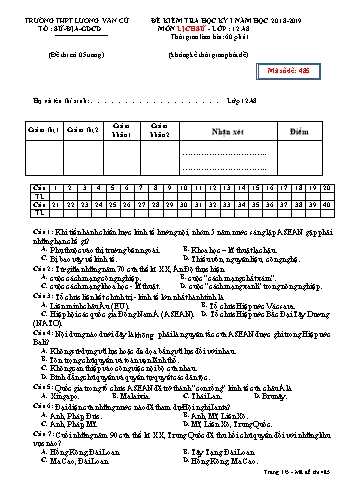 Đề kiểm tra học kỳ I môn Lịch sử Lớp 12 - Mã đề 485 - Năm học 2018-2019 - Trường THPT Lương Văn Cù