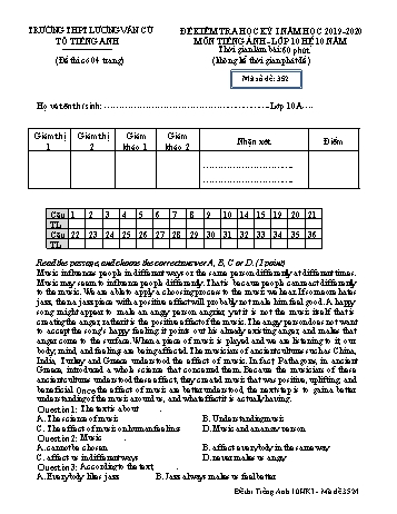 Đề kiểm tra học kỳ I môn Tiếng Anh Lớp 10 (Hệ 10 năm) - Mã đề 352 - Năm học 2019-2020 - Trường THPT Lương Văn Cù