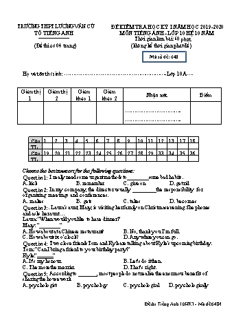 Đề kiểm tra học kỳ I môn Tiếng Anh Lớp 10 (Hệ 10 năm) - Mã đề 648 - Năm học 2019-2020 - Trường THPT Lương Văn Cù