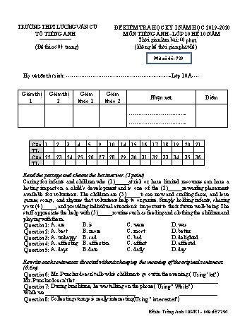 Đề kiểm tra học kỳ I môn Tiếng Anh Lớp 10 (Hệ 10 năm) - Mã đề 729 - Năm học 2019-2020 - Trường THPT Lương Văn Cù