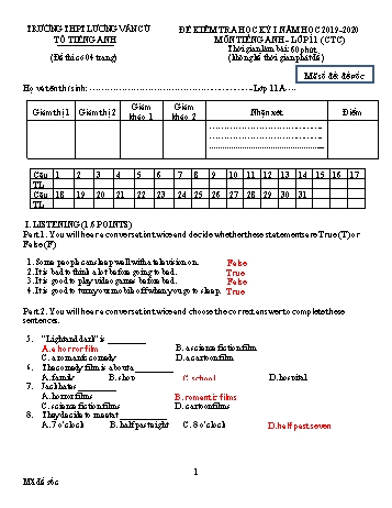 Đề kiểm tra học kỳ I môn Tiếng Anh Lớp 11 (Chương trình chuẩn) - Đề gốc - Năm học 2019-2020 - Trường THPT Lương Văn Cù (Có đáp án)