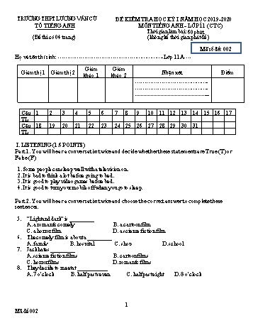 Đề kiểm tra học kỳ I môn Tiếng Anh Lớp 11 (Chương trình chuẩn) - Mã đề 002 - Năm học 2019-2020 - Trường THPT Lương Văn Cù