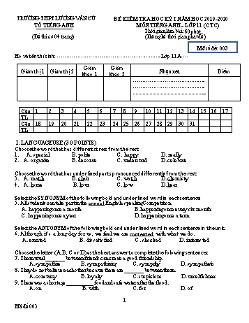 Đề kiểm tra học kỳ I môn Tiếng Anh Lớp 11 (Chương trình chuẩn) - Mã đề 003 - Năm học 2019-2020 - Trường THPT Lương Văn Cù