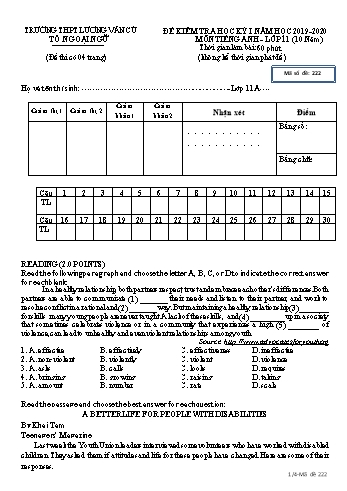 Đề kiểm tra học kỳ I môn Tiếng Anh Lớp 11 (Hệ 10 năm) - Mã đề 222 - Năm học 2019-2020 - Trường THPT Lương Văn Cù