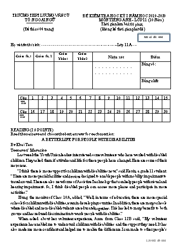 Đề kiểm tra học kỳ I môn Tiếng Anh Lớp 11 (Hệ 10 năm) - Mã đề 444 - Năm học 2019-2020 - Trường THPT Lương Văn Cù