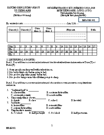 Đề kiểm tra học kỳ I môn Tiếng Anh Lớp 11 (Hệ 7 năm) - Mã đề 001 - Năm học 2019-2020 - Trường THPT Lương Văn Cù