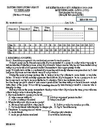 Đề kiểm tra học kỳ I môn Tiếng Anh Lớp 11 (Hệ 7 năm) - Mã đề 004 - Năm học 2019-2020 - Trường THPT Lương Văn Cù