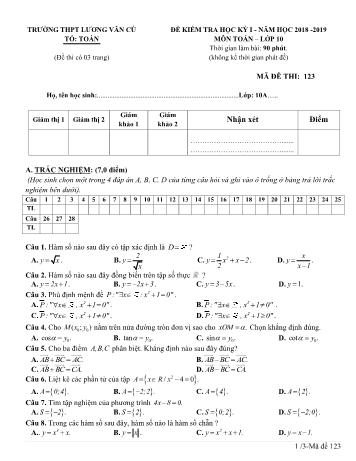 Đề kiểm tra học kỳ I môn Toán Lớp 10 - Mã đề 123 - Năm học 2018-2019 - Trường THPT Lương Văn Cù