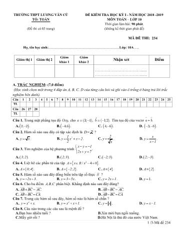 Đề kiểm tra học kỳ I môn Toán Lớp 10 - Mã đề 234 - Năm học 2018-2019 - Trường THPT Lương Văn Cù