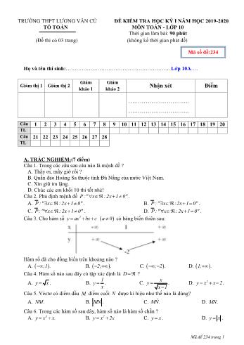 Đề kiểm tra học kỳ I môn Toán Lớp 10 - Mã đề 234 - Năm học 2019-2020 - Trường THPT Lương Văn Cù