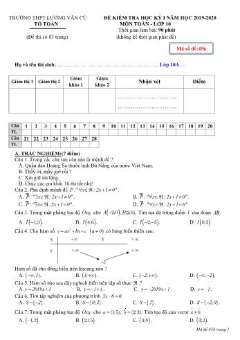 Đề kiểm tra học kỳ I môn Toán Lớp 10 - Mã đề 456 - Năm học 2019-2020 - Trường THPT Lương Văn Cù