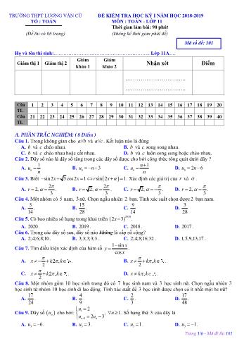 Đề kiểm tra học kỳ I môn Toán Lớp 11 - Mã đề 101 - Năm học 2018-2019 - Trường THPT Lương Văn Cù