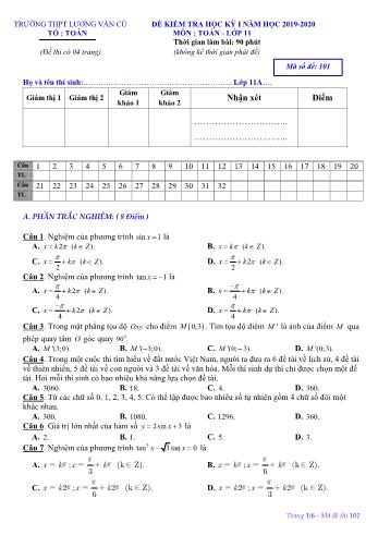 Đề kiểm tra học kỳ I môn Toán Lớp 11 - Mã đề 101 - Năm học 2019-2020 - Trường THPT Lương Văn Cù (Có đáp án)