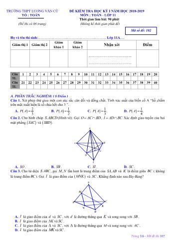 Đề kiểm tra học kỳ I môn Toán Lớp 11 - Mã đề 102 - Năm học 2018-2019 - Trường THPT Lương Văn Cù