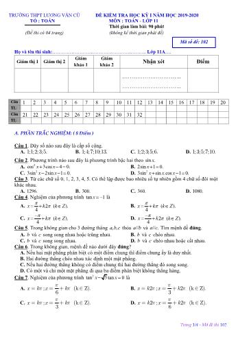 Đề kiểm tra học kỳ I môn Toán Lớp 11 - Mã đề 102 - Năm học 2019-2020 - Trường THPT Lương Văn Cù