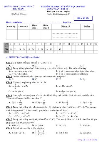 Đề kiểm tra học kỳ I môn Toán Lớp 11 - Mã đề 103 - Năm học 2019-2020 - Trường THPT Lương Văn Cù