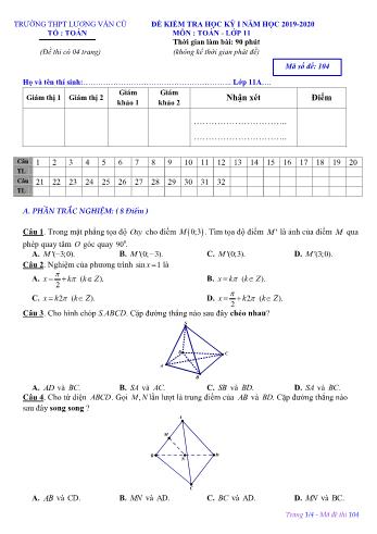 Đề kiểm tra học kỳ I môn Toán Lớp 11 - Mã đề 104 - Năm học 2019-2020 - Trường THPT Lương Văn Cù