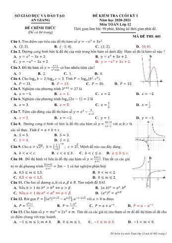 Đề kiểm tra học kỳ I môn Toán Lớp 12 - Mã đề 001 - Năm học 2020-2021 - Sở GD&ĐT An Giang (Có đáp án)