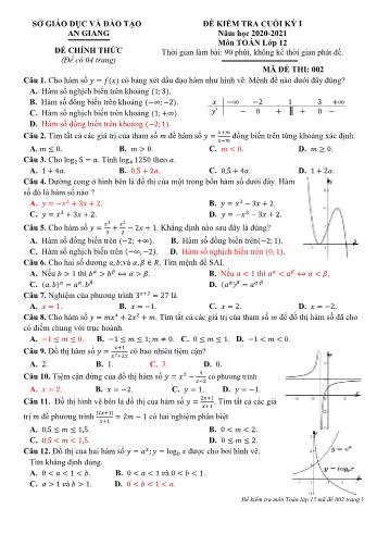 Đề kiểm tra học kỳ I môn Toán Lớp 12 - Mã đề 002 - Năm học 2020-2021 - Sở GD&ĐT An Giang (Có đáp án)