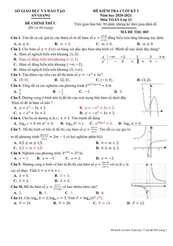 Đề kiểm tra học kỳ I môn Toán Lớp 12 - Mã đề 003 - Năm học 2020-2021 - Sở GD&ĐT An Giang (Có đáp án)