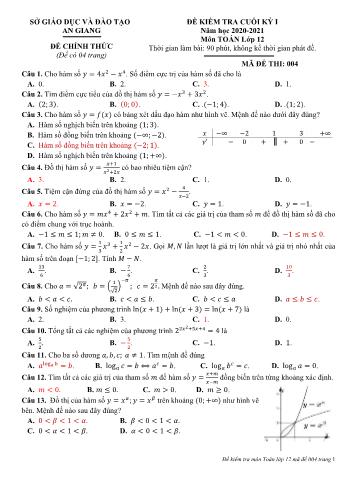 Đề kiểm tra học kỳ I môn Toán Lớp 12 - Mã đề 004 - Năm học 2020-2021 - Sở GD&ĐT An Giang (Có đáp án)