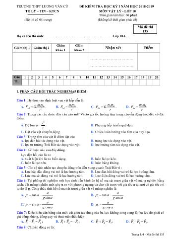 Đề kiểm tra học kỳ I môn Vật lí Lớp 10 - Mã đề 135 - Năm học 2018-2019 - Trường THPT Lương Văn Cù