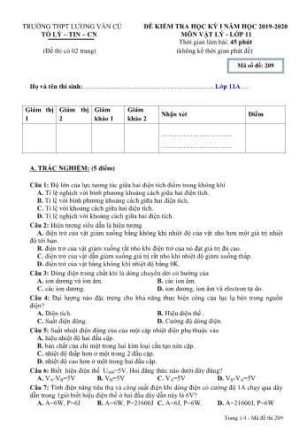 Đề kiểm tra học kỳ I môn Vật lí Lớp 11 - Mã đề 209 - Năm học 2019-2020 - Trường THPT Lương Văn Cù