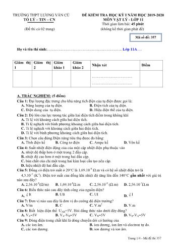 Đề kiểm tra học kỳ I môn Vật lí Lớp 11 - Mã đề 357 - Năm học 2019-2020 - Trường THPT Lương Văn Cù