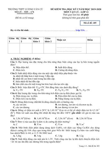 Đề kiểm tra học kỳ I môn Vật lí Lớp 11 - Mã đề 485 - Năm học 2019-2020 - Trường THPT Lương Văn Cù