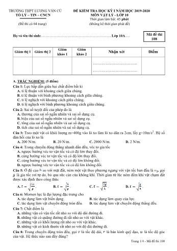 Đề kiểm tra học kỳ I môn Vật lý Lớp 10 - Mã đề 108 - Năm học 2019-2020 - Trường THPT Lương Văn Cù