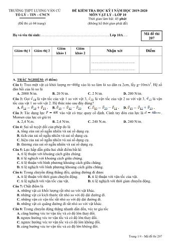 Đề kiểm tra học kỳ I môn Vật lý Lớp 10 - Mã đề 207 - Năm học 2019-2020 - Trường THPT Lương Văn Cù