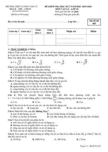 Đề kiểm tra học kỳ I môn Vật lý Lớp 10 - Mã đề 405 - Năm học 2019-2020 - Trường THPT Lương Văn Cù