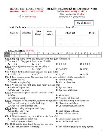 Đề kiểm tra học kỳ II môn Công nghệ Lớp 10 - Mã đề 123 - Năm học 2019-2020 - Trường THPT Lương Văn Cù