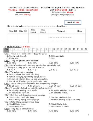 Đề kiểm tra học kỳ II môn Công nghệ Lớp 10 - Mã đề 234 - Năm học 2019-2020 - Trường THPT Lương Văn Cù