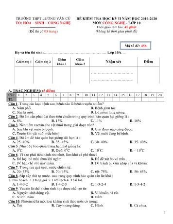 Đề kiểm tra học kỳ II môn Công nghệ Lớp 10 - Mã đề 456 - Năm học 2019-2020 - Trường THPT Lương Văn Cù