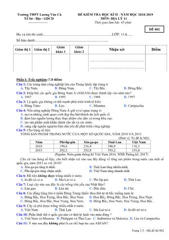 Đề kiểm tra học kỳ II môn Địa lí Lớp 11 - Mã đề 002 - Năm học 2018-2019 - Trường THPT Lương Văn Cù