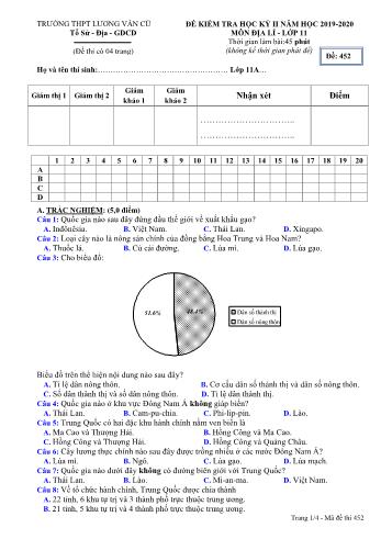 Đề kiểm tra học kỳ II môn Địa lí Lớp 11 - Mã đề 452 - Năm học 2019-2020 - Trường THPT Lương Văn Cù